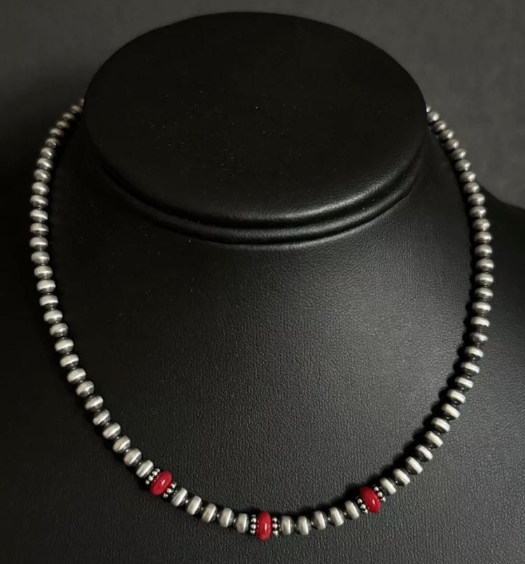 Sterling Silver 4mm Pearls with Red Bamboo Coral Bead Necklace Choker. 14 inch