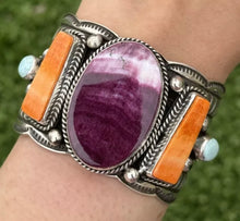 Load image into Gallery viewer, Andy Cadman Sterling Silver Purple Orange Spiny Oyster Cuff Bracelet. Navajo