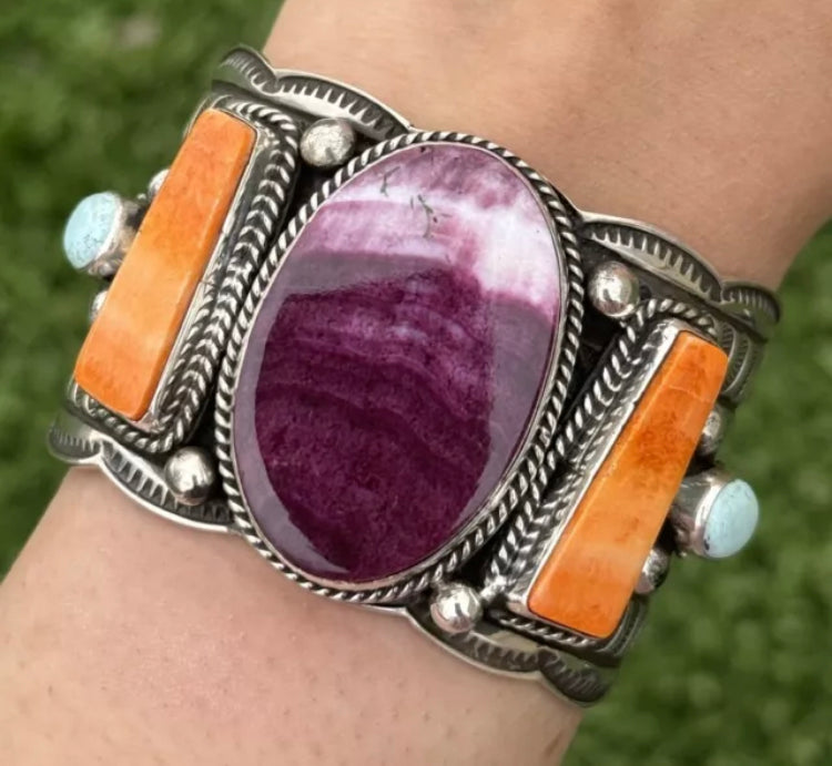 Andy Cadman Sterling Silver Purple Orange Spiny Oyster Cuff Bracelet. Navajo