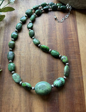 Load image into Gallery viewer, Sterling Silver Green Turquoise Nuggets W Pearls Bead Necklace. 20 Inch