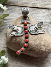 Load image into Gallery viewer, Navajo Native American Sterling Silver Red Coral Dragonfly Pendant. K Billah