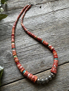 Sterling Silver Graduated Multi Stone Spiny Oyster Heishi Bead Necklace 18 inch