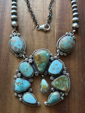 Load image into Gallery viewer, Navajo Sterling Silver Blue Green Royston Turquoise Lariat Pearls Naja Necklace