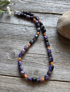 Sterling Silver Charoite Nuggets Orange Spiny Oyster Bead Necklace. 18 Inch