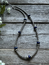 Load image into Gallery viewer, Southwestern Sterling Silver Lapis 4mm Pearls Bead Necklace. 18 Inch. Gift