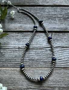 Southwestern Sterling Silver Lapis 4mm Pearls Bead Necklace. 18 Inch. Gift