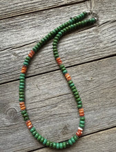Load image into Gallery viewer, Sterling Silver Green Turquoise Orange Spiny Oyster Bead Necklace. 18 inch