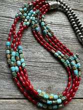 Load image into Gallery viewer, Sterling Silver Blue Green Turquoise Red Coral Pearls Bead Necklace 28 Inch