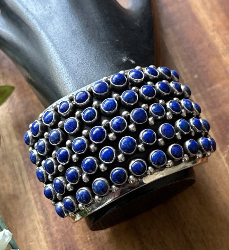 Native American Sterling Silver Lapis Cluster Cuff Bracelet H Happy Piasso