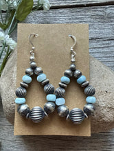 Load image into Gallery viewer, Sterling Silver Blue Larimar W Pearls Bead Loop Corrugated Earrings. 2.4 Inch