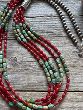Load image into Gallery viewer, Sterling Silver Multi Strand Blue Green Turquoise Coral Pearls Bead Necklace 30”