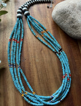 Load image into Gallery viewer, Sterling Silver Multi Strand Stone Blue Turquoise Pearls Bead Necklace. 26 inch