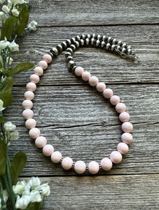 Sterling Silver 8mm Pink Conch Round Bead W Pearls Necklace. 20 inch