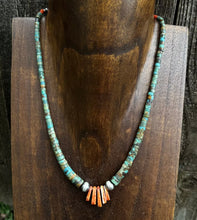 Load image into Gallery viewer, Sterling Silver Orange Spiny Oyster Turquoise Heishi Jackla Bead Necklace 17”