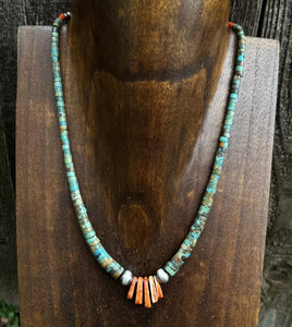 Sterling Silver Orange Spiny Oyster Turquoise Heishi Jackla Bead Necklace 17”