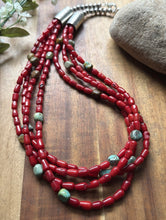 Load image into Gallery viewer, Sterling Silver Multi Strand Red Coral Turquoise Nuggets Bead Necklace 22 Inch