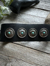 Load image into Gallery viewer, Vintage Native American Sterling Silver Turquoise Leather Band Bracelet 8 Inch