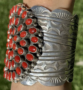 Navajo Native Sterling Silver Red Mediterranean Coral Cuff Bracelet C Yazzie