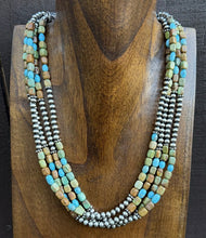 Load image into Gallery viewer, Sterling Silver Multi Strand Blue Green Turquoise Nuggets Pearls Bead Necklace