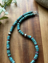 Load image into Gallery viewer, Sterling Silver Heishi Turquoise Purple Spiny Oyster Bead Necklace. 18 Inch