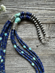 Sterling Silver Multi Strand Stone Lapis Turquoise Bead Necklace. 28 inch