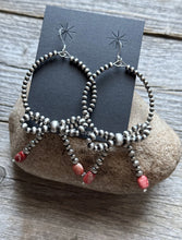 Load image into Gallery viewer, Sterling Silver Bow Red Spiny Oyster Pearls Hoop Bead Earrings 3.5 Inch