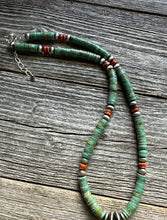 Load image into Gallery viewer, Mens Sterling Silver Green Turquoise Heishi Spiny Bead Necklace. 18 inch