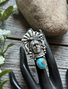 Navajo Sterling Silver Turquoise Indian Chief Head Adjustable Ring Russell Sam