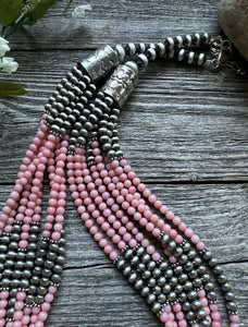 Sterling Silver Multi Strand Pink Coral W Pearls Bead Necklace 24 Inch