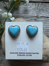Load image into Gallery viewer, Navajo Sterling Silver Blue Turquoise Heart Stud Earrings. Gift