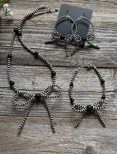 Bow Sterling Silver Black Onyx 4mm Pearls Bead Necklace Earrings Bracelet Set