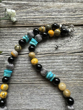 Load image into Gallery viewer, Sterling Silver Multi Stone Turquoise Onyx BumblebeeJasper Bead Necklace 18 inch