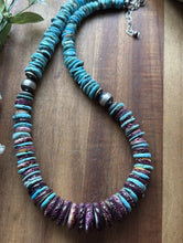 Load image into Gallery viewer, Sterling Silver Graduated Purple Spiny Oyster Turquoise Pearls Bead Necklace 18”
