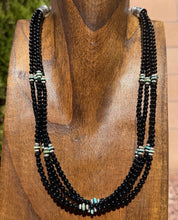Load image into Gallery viewer, Sterling Silver Multi Strand Black Onyx Turquoise Bead Necklace. 22 Inch