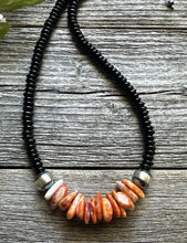 Load image into Gallery viewer, Mens Sterling Silver Black Onyx Orange Spiny Oyster Bead Necklace. 18 Inch