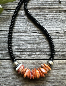 Mens Sterling Silver Black Onyx Orange Spiny Oyster Bead Necklace. 18 Inch