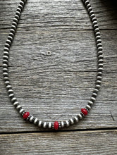 Load image into Gallery viewer, Sterling Silver 4mm Pearls with Red Bamboo Coral Bead Necklace Choker. 14 inch