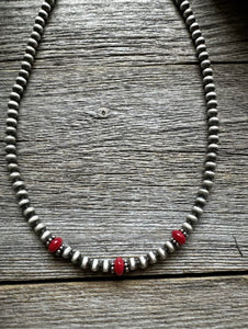 Sterling Silver 4mm Pearls with Red Bamboo Coral Bead Necklace Choker. 14 inch