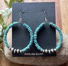 Load image into Gallery viewer, Sterling Silver Blue Turquoise Bead W Pearls Loop Hoop Earrings.
