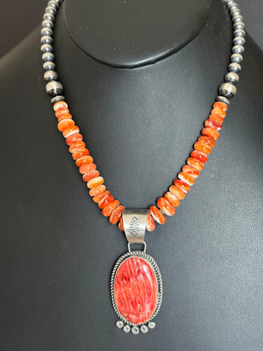 Handmade Navajo Sterling Silver and Orange Spiney Oyster Pendant  with Necklace