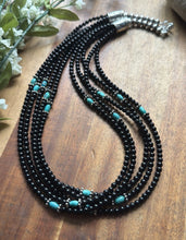 Load image into Gallery viewer, Sterling Silver Multi Strand Black Onyx Turquoise Bead Necklace. 22 Inch