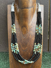 Load image into Gallery viewer, Sterling Silver Multi Strand Black Onyx Turquoise Nuggets Bead Necklace. 24 Inch