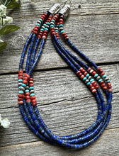 Load image into Gallery viewer, Sterling Silver Multi Strand Stone Lapis Spiny Turquoise Bead Necklace. 20 inch