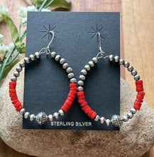 Load image into Gallery viewer, Sterling Silver Red Coral Bead W Pearls Loop Hoop Earrings.