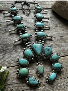 Navajo Sterling Silver Blue Turquoise Squash Blossom Pearls Necklace. K Yazzie