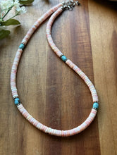 Load image into Gallery viewer, Sterling Silver Heishi Pink Conch Turquoise Bead Necklace 18 Inch