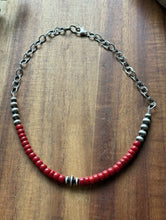 Load image into Gallery viewer, Sterling Silver Graduated Red Coral Pearls Chain Bead Necklace. 16 Inch. Gift