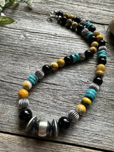 Load image into Gallery viewer, Sterling Silver Multi Stone Turquoise Onyx BumblebeeJasper Bead Necklace 18 inch