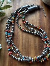 Load image into Gallery viewer, Sterling Silver Multi Strand Stone Spiny Turquoise Pearls Bead Necklace. 20 inch