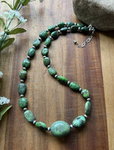 Load image into Gallery viewer, Sterling Silver Green Turquoise Nuggets W Pearls Bead Necklace. 20 Inch